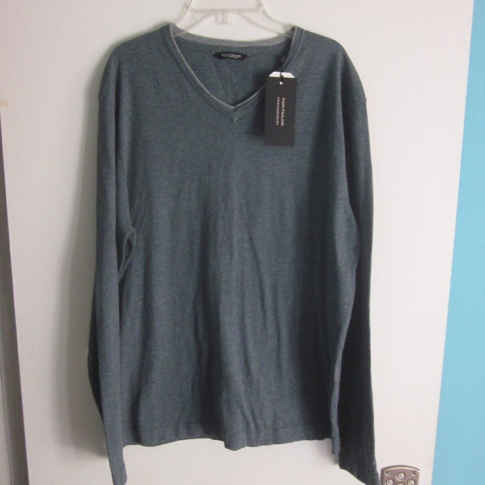 NEW! Tom Tailor Men Sz XL Green Cotton V-Neck Pullover Fitted Sweater 44" Chest